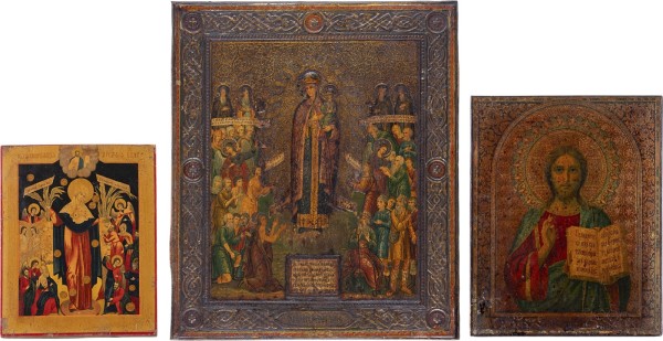 Auction 161<br>DREI IKONEN: GOTTESMUTTER 'FREUDE ALLER LEIDENDEN' UND CHRISTUS PANTOKRATOR