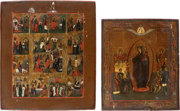Auction 161<br>ZWEI IKONEN: GOTTESMUTTER 'FREUDE ALLER LEIDENDEN' UND FESTTAGSIKONE