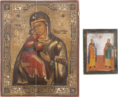 Auction 161<br>ZWEI IKONEN: PILGERIKONE MIT DEN HEILIGEN KOSMAS UND DAMIAN UND GOTTESMUTTER VON WLADIMIR (WLADIMIRSKAJA)