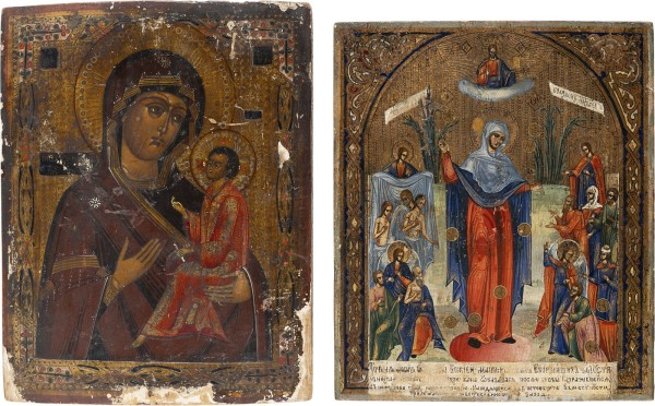 Auction 161<br>ZWEI IKONEN: GOTTESMUTTER VON TICHWIN (TICHWINSKAJA) UND GOTTESMUTTER 'FREUDE ALLER LEIDENDEN' MIT DEN MÜNZEN