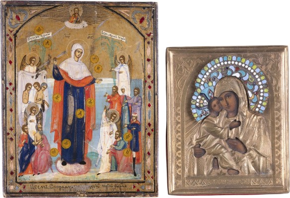 Auction 161<br>ZWEI KLEINFORMATIGE IKONEN: GOTTESMUTTER VON WLADIMIR MIT EMAIL-OKLAD UND GOTTESMUTTER 'FREUDE ALLER LEIDENDEN' MIT DEN MÜNZEN