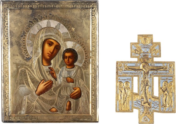 Bild KLEINE IKONE MIT DER GOTTESMUTTER VON TICHWIN (TICHWINSKAJA) MIT VERMEIL-OKLAD UND HAUSKREUZ
