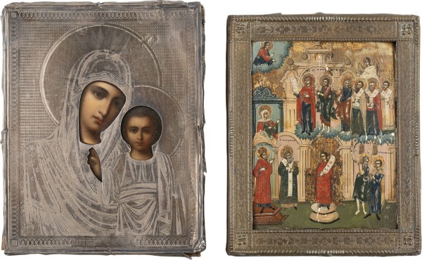 Auktion 161<br>ZWEI KLEINE IKONEN: GOTTESMUTTER VON KASAN (KASANKSJA) MIT SILBER-OKLAD UND GOTTESMUTTER POKROW MIT BASMA