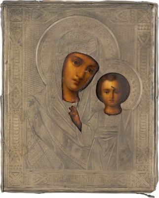 Auktion 161<br>KLEINE IKONE MIT DER GOTTESMUTTER VON KASAN (KASANSKAJA) MIT SILBER-OKLAD
