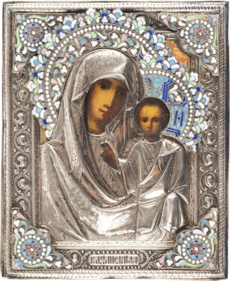 Bild KLEINE IKONE MIT DER GOTTESMUTTER VON KASAN (KASANSKAJA) MIT CLOISONNÉ-EMAIL-OKLAD