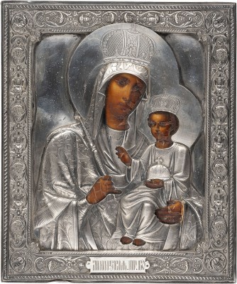 Auction 161<br>SELTENE DATIERTE IKONE MIT DER GOTTESMUTTER VON MINSK MIT SILBER-OKLAD