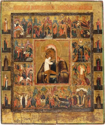 Auktion 161<br>GROSSFORMATIGE UND SELTENE IKONE MIT DER GOTTESMUTTER 'AUFFINDEN DER VERLORENEN' MIT ZWÖLF HOCHFESTEN DES ORTHODOXEN KIRCHENJAHRES
