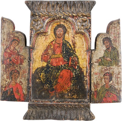 Bild SEHR FEINES TRIPTYCHON MIT DEM THRONENDEN CHRISTUS FLANKIERT VON DER GOTTESMUTTER UND JOHANNES DEM VORLÄUFER SOWIE DEN HEILIGEN GEORG UND DEMETRIUS