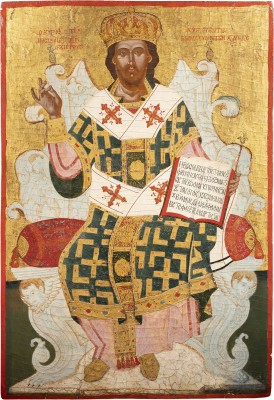 Auction 161<br>BEDEUTENDE IKONE MIT DEM THRONENDEN CHRISTUS ALS HOHEPRISTER AUS EINER KIRCHEN-IKONOSTASE