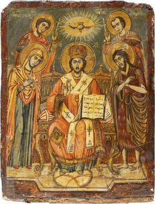 Bild GROSSE IKONE MIT DEM THRONENDEN CHRISTUS FLANKIERT VON DER GOTTESMUTTER UND JOHANNES SOWIE DEN HEILIGEN GEORG UND DEMETRIOS