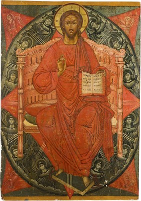Bild MONUMENTALE IKONE MIT DEM THRONENDEN CHRISTUS INMITTEN DER ENGELSMÄCHTE AUS EINER KIRCHEN-IKONOSTASE