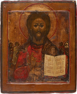 Picture IKONE MIT CHRISTUS PANTOKRATOR MIT VIER FAMILIEN-PATRONEN