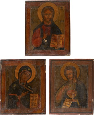 Auction 161<br>DREITEILIGE DEESIS: CHRISTUS PANTOKRATOR FLANKIERT VON DER GOTTESMUTTER UND JOHANNES DEM VORLÄUFER