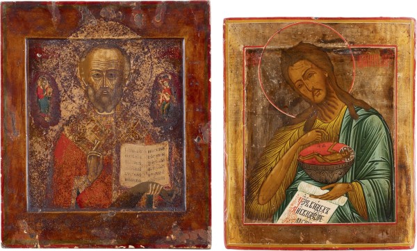 Auction 161<br>ZWEI IKONEN: HEILIGER NIKOLAUS VON MYRA UND JOHANNES DER VORLÄUFER AUS EINER DEESIS