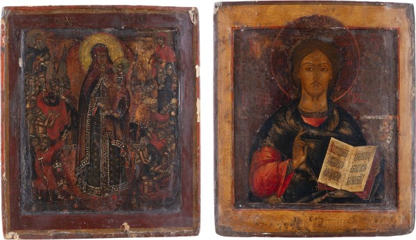 Auktion 161<br>ZWEI IKONEN: FEINE IKONE MIT DER GOTTESMUTTER 'FREUDE ALLER LEIDENDEN' UND CHRISTUS PANTOKRATOR