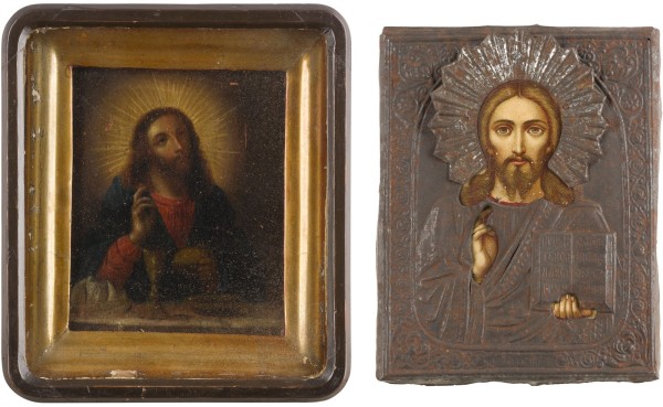 Auction 161<br>ZWEI KLEINE IKONEN: CHRISTUS PANTOKRATOR UND EUCHARISTIE IM KIOT