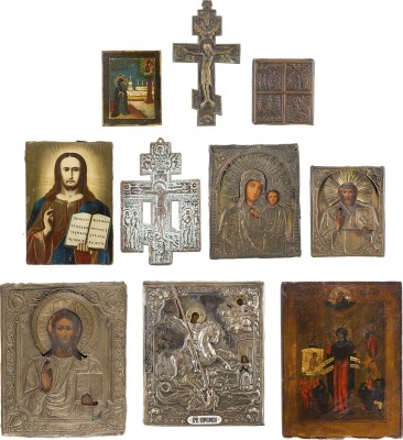Auction 161<br>SAMMLUNG VON SIEBEN IKONEN UND DREI BRONZE-IKONEN: GNADENBILDER DER GOTTESMUTTER, CHRISTUS PANTOKRATOR UND HEILIGE