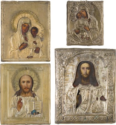 Auktion 161<br>VIER KLEINE IKONEN MIT OKLAD: GNADENBILDER DER GOTTESMUTTER UND CHRISTUS PANTOKRATOR