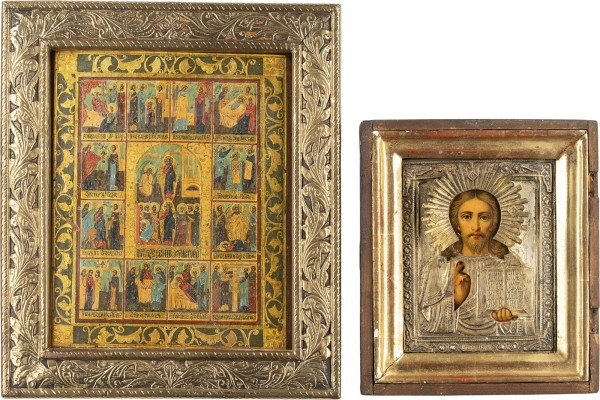 Auktion 161<br>ZWEI IKONEN: CHRISTUS PANTOKRATOR MIT OKLAD UND FESTTAGSIKONE