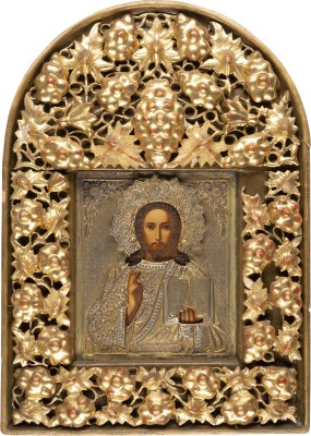 Bild IKONE MIT CHRISTUS PANTOKRATOR MIT OKLAD IM KIOT-RAHMEN
