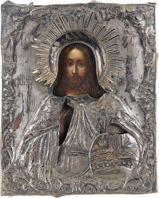 Bild MINIATUR-IKONE MIT CHRISTUS, DEM WELTENHERRSCHER MIT SILBER-OKLAD