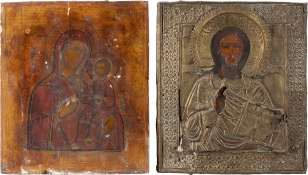 Bild ZWEI IKONEN: CHRISTUS PANTOKRATOR MIT OKLAD UND GOTTESMUTTER IWERSKAJA