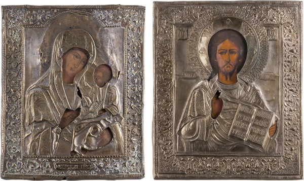 Auction 161<br>ZWEI IKONEN MIT OKLAD: CHRISTUS PANTOKRATOR UND GOTTESMUTTER 'IWERSKAJA'
