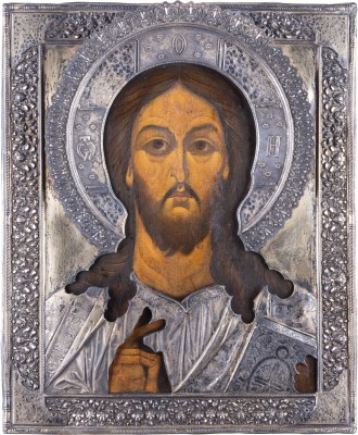 Auktion 161<br>GROSSFORMATIGE IKONE MIT CHRISTUS PANTOKRATOR MIT SEHR FEINEM UND MASSIVEM VERMEIL-OKLAD