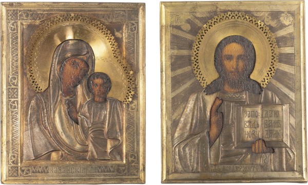Auktion 161<br>ZWEI IKONEN MIT OKLAD: GOTTESMUTTER VON KASAN (KASANSKAJA) UND CHRISTUS PANTOKRATOR