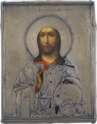 Bild IKONE MIT CHRISTUS DEM WELTENHERRSCHER MIT SILBER-OKLAD