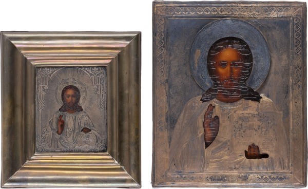 Auction 161<br>ZWEI IKONEN MIT SILBER-OKLAD: CHRISTUS PANTOKRATOR