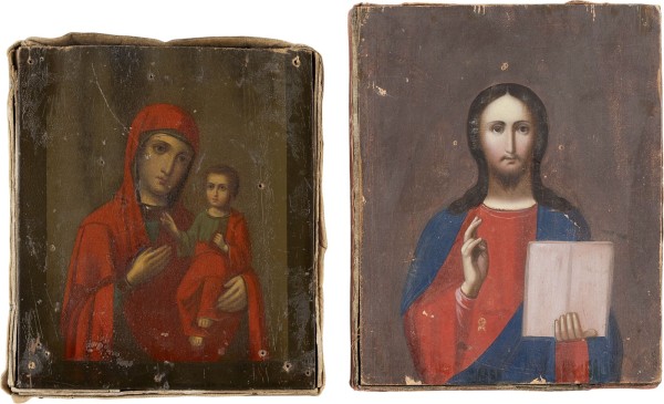 Auktion 161<br>ZWEI KLEINE IKONEN: CHRISTUS PANTORATOR UND GOTTESMUTTER IWERSKAJA
