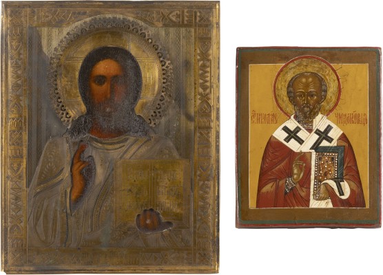Bild ZWEI KLEINE IKONEN: HEILIGER NIKOLAUS VON MYRA UND CHRISTUS PANTOKRATOR MIT OKLAD