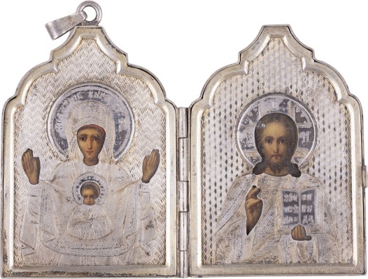Auction 161<br>MINIATUR-DIPTYCHON MIT DER GOTTESMUTTER DES ZEICHENS (ZNAMENIE) UND CHRISTUS PANTOKRATOR MIT SILBER-OKLAD