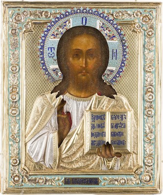 Bild IKONE MIT CHRISTUS PANTOKRATOR MIT CLOISONNÉ-EMAIL-OKLAD