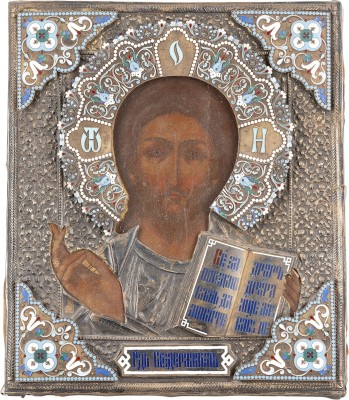 Auction 161<br>SELTENE IKONE MIT CHRISTUS PANTOKRATOR MIT CLOISONNÉ-EMAIL-OKLAD