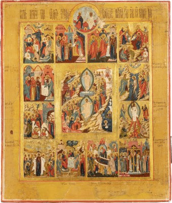 Bild GROSSE UND FEINE IKONE MIT DER AUFERSTEHUNG UND HÖLLENFAHRT CHRISTI MIT ZWÖLF HOCHFESTEN DES ORTHODOXEN KIRCHENJAHRES