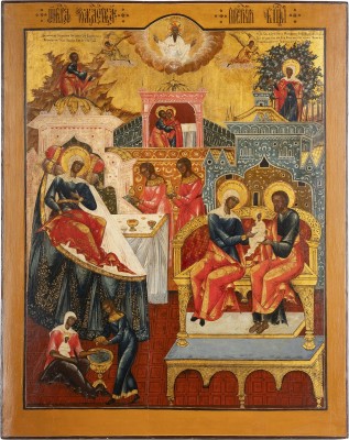 Bild MONUMENTALE IKONE MIT DER GEBURT DER GOTTESMUTTER AUS EINER KIRCHEN-IKONOSTASE