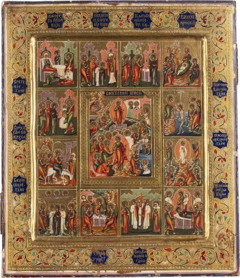 Picture IKONE MIT DER HÖLLENFAHRT UND AUFERSTEHUNG CHRISTI MIT ZWÖLF HOCHFESTEN DES ORTHODOXEN KIRCHENJAHRES