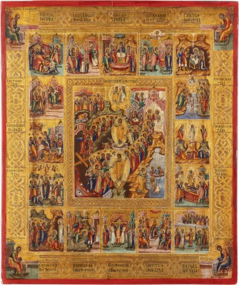 Picture GROSSFORMATIGE IKONE MIT DER HÖLLENFAHRT UND AUFERSTEHUNG MIT 16 HOCHFESTEN DES ORTHODOXEN KIRCHENJAHRES UND DEN VIER EVANGELISTEN