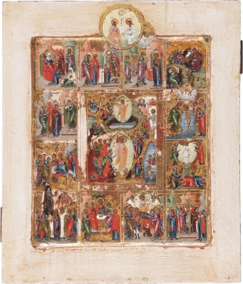 Auktion 161<br>SIGNIERTE IKONE MIT DER HÖLLENFAHRT UND AUFERSTEHUNG CHRISTI MIT ZWÖLF HOCHFESTEN UND DER NEUTESTAMENTLICHEN DREIFALTIGKEIT