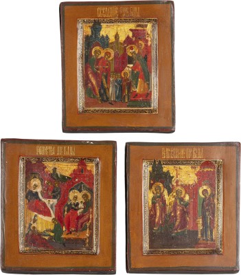 Auction 161<br>DREI IKONENFRAGMENTE MIT DER GEBURT DER GOTTESMUTTER, DEM TEMPELGANG UND DER VERKÜNDIGUNG