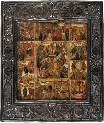Auction 161<br>IKONE MIT DER HÖLLENFAHRT UND AUFERSTEHUNG CHRISTI MIT ZWÖLF HOCHFESTEN DES ORTHODOXEN KIRCHENJAHRES MIT VERMEIL-BASMA