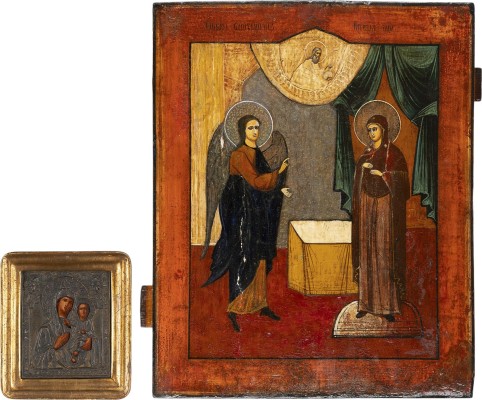 Auction 161<br>ZWEI IKONEN: GOTTESMUTTER 'IWERSKAJA' MIT OKLAD UND VERKÜNDIGUNG DER GOTTESMUTTER