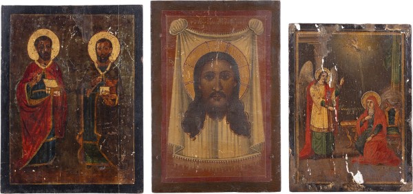 Auktion 161<br>DREI IKONEN: VERKÜNDIGUNG DER GOTTESMUTTER, DIE HEILIGEN KOSMAS UND DAMIAN UND MANDYLION
