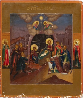 Auktion 161<br>FEINE DATIERTE IKONE MIT DER GEBURT CHRISTI UND DER ANBETUNG DER MAGIER