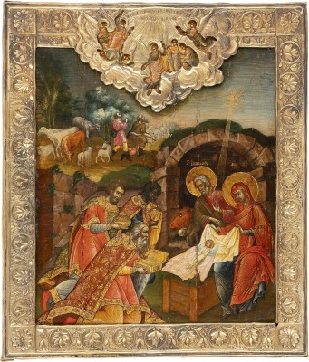 Auktion 161<br>SEHR FEINE IKONE MIT DER ANBETUNG CHRISTI DURCH DIE KÖNIGE MAGIER MIT BASMA