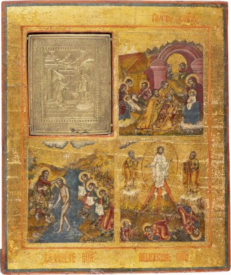 Bild VIERFELDER-IKONE MIT DER VERKÜNDIGUNG, DER ANBETUNG CHRISTI, DER TAUFE UND DER VERKLÄRUNG