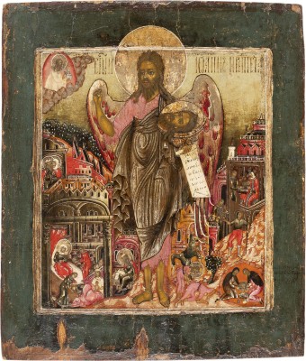 Auction 161<br>SEHR FEINE IKONE MIT DEM HEILIGEN JOHANNES DEM VORLÄUFER MIT SZENEN SEINER VITA