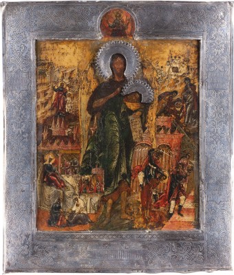 Auction 161<br>FEINE VITA-IKONE MIT DEM HEILIGEN JOHANNES DEM VORLÄUFER ALS ENGEL DER WÜSTE MIT SILBER-BASMA